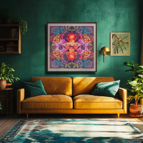 Living room with a yellow couch, colorful rug, and vibrant wall art.