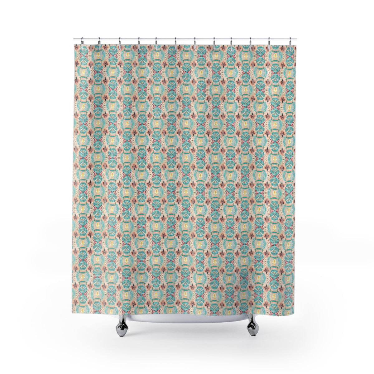 Patterned shower curtain with geometric design on a white background
