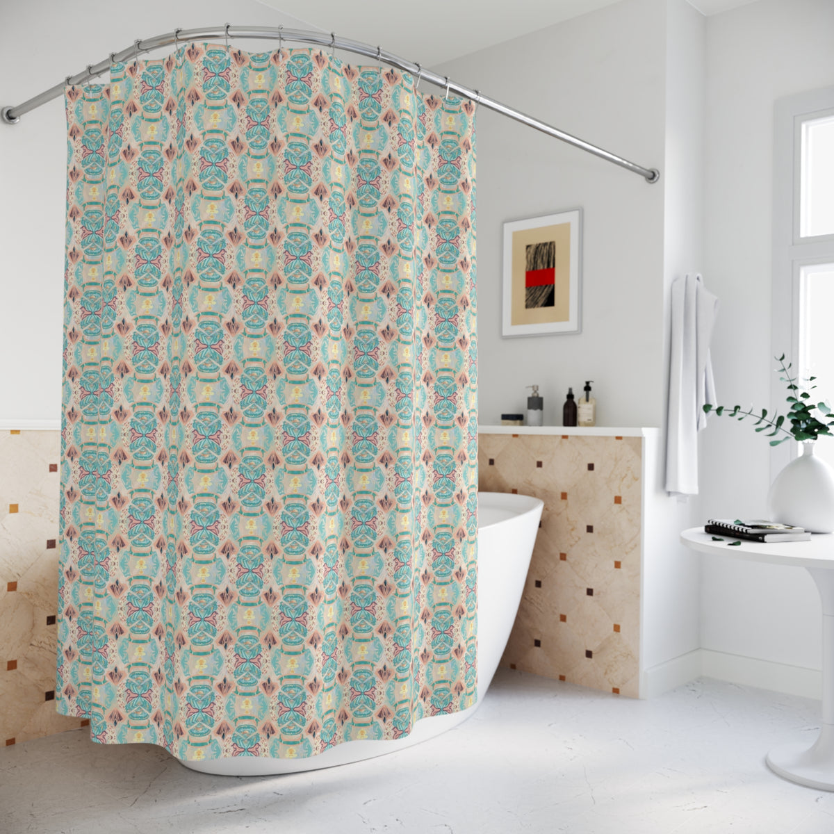 Patterned shower curtain in a bathroom setting with a bathtub and decorative elements.